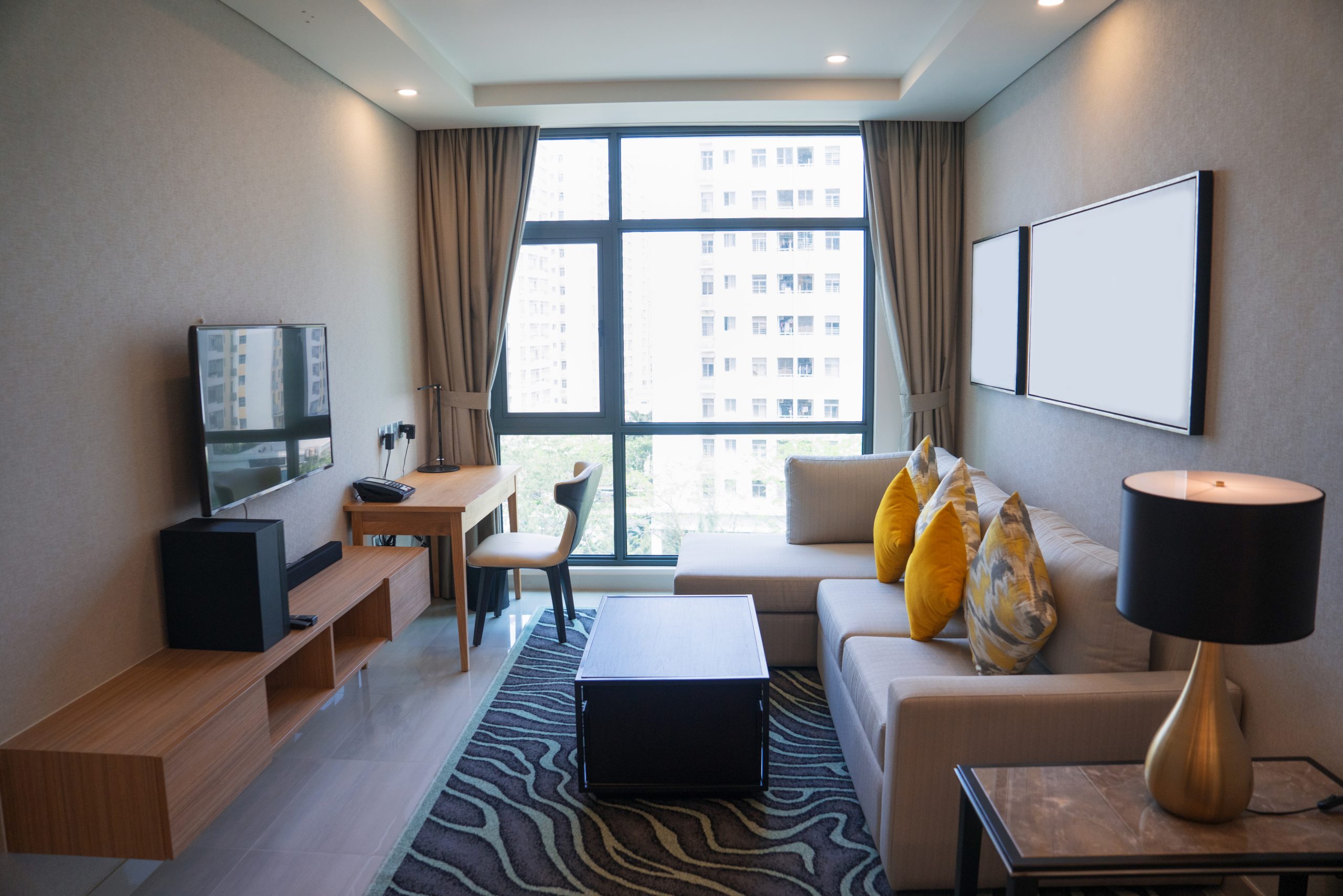 Cozy living room interior design with panoramic window