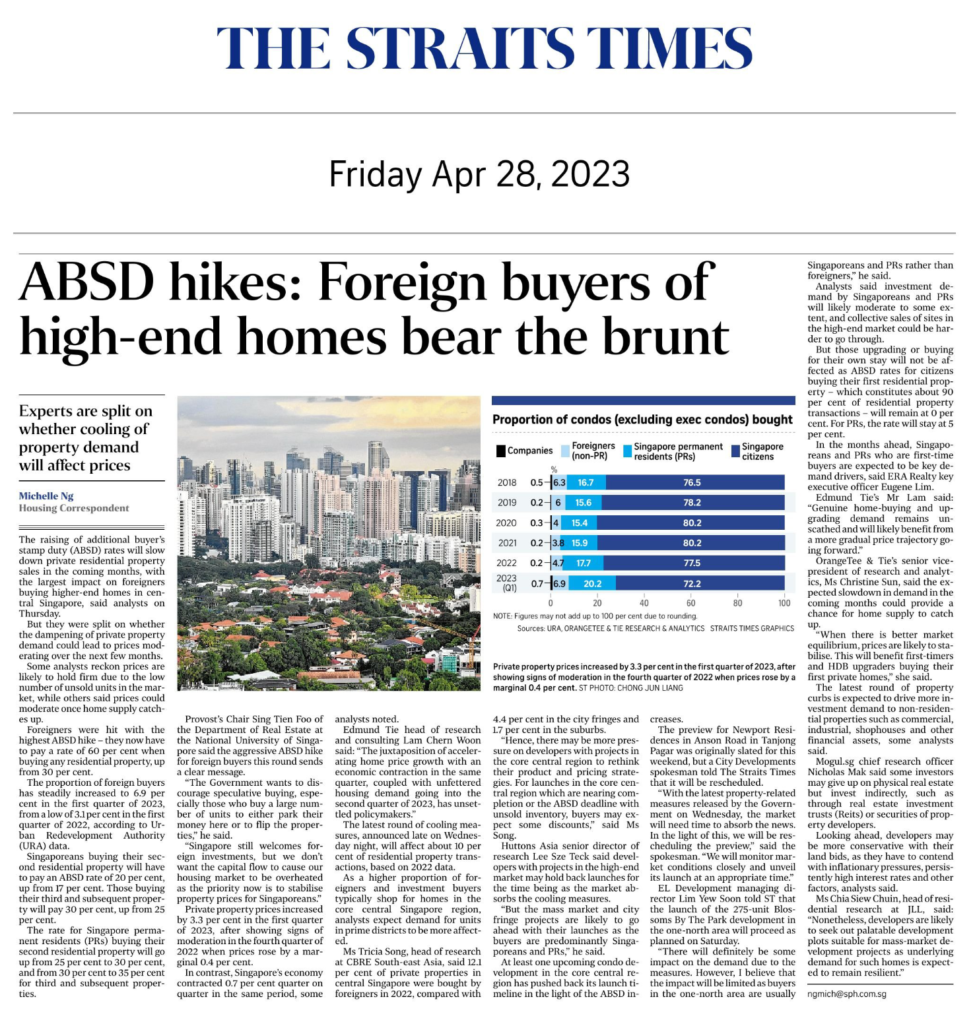 ABSD Hikes on Foreign Buyers buying condo in singapore