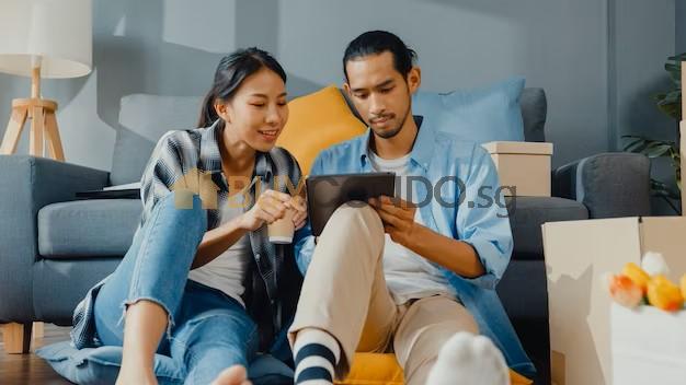 happy asian young couple man woman use tablet online shopping furniture decorate house with carton packages new house 7861 2951